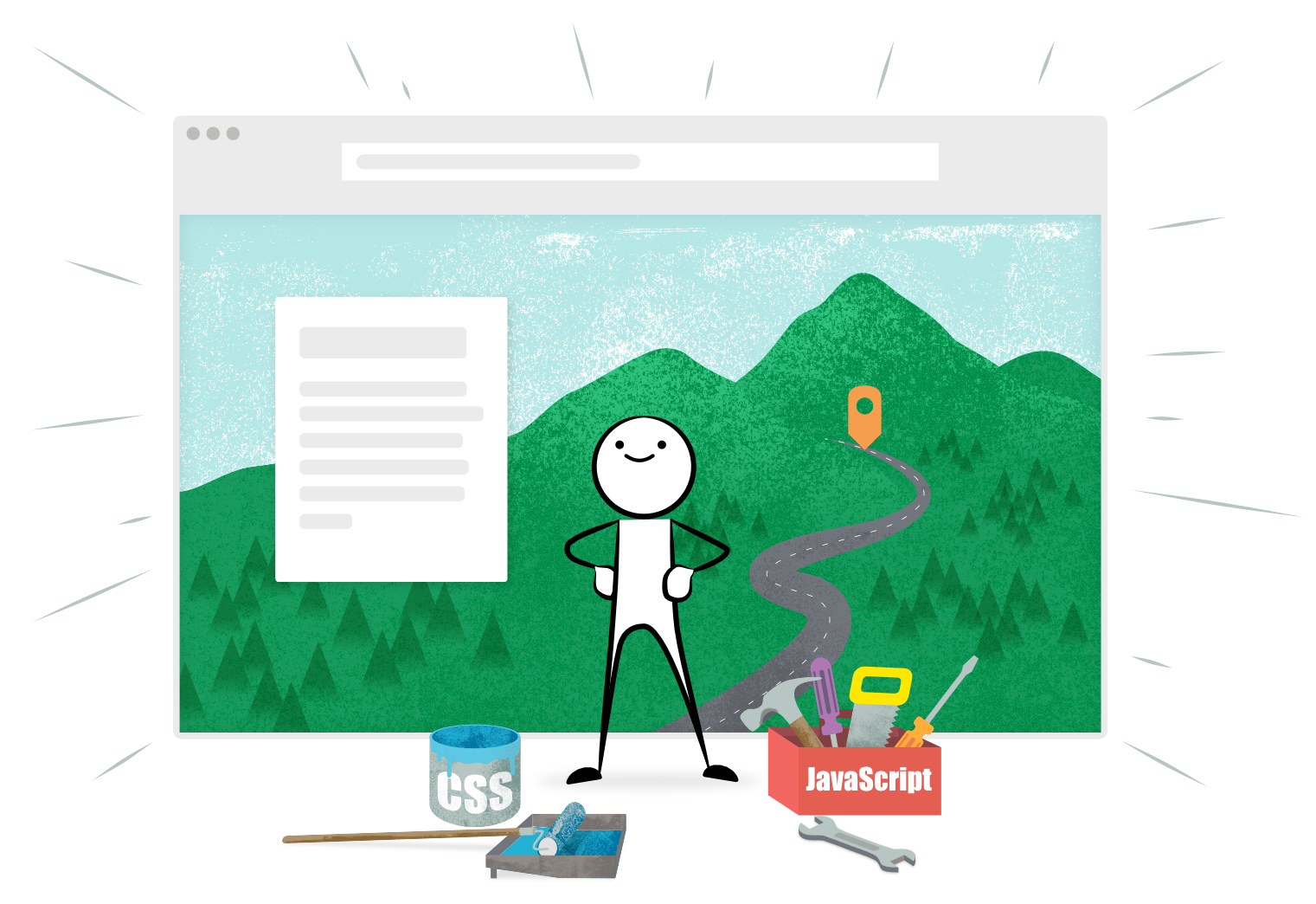 a stick person stands triumphantly in front of a story web page. on the ground there's a toolbox labeled "javascript" and a paint bucket labeled "css"