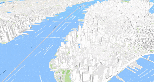 An animated gif showing a SceneView with a topographic 3D basemap. The camera is rotating around downtown New York City and each of the buildings are represented with 3D geometry.