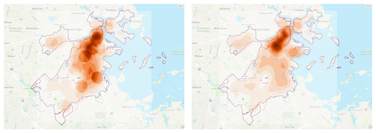 Density map of crime incidents (left) and 311 calls (right) between June 2015 and 2023 in Boston using the Point Density tool