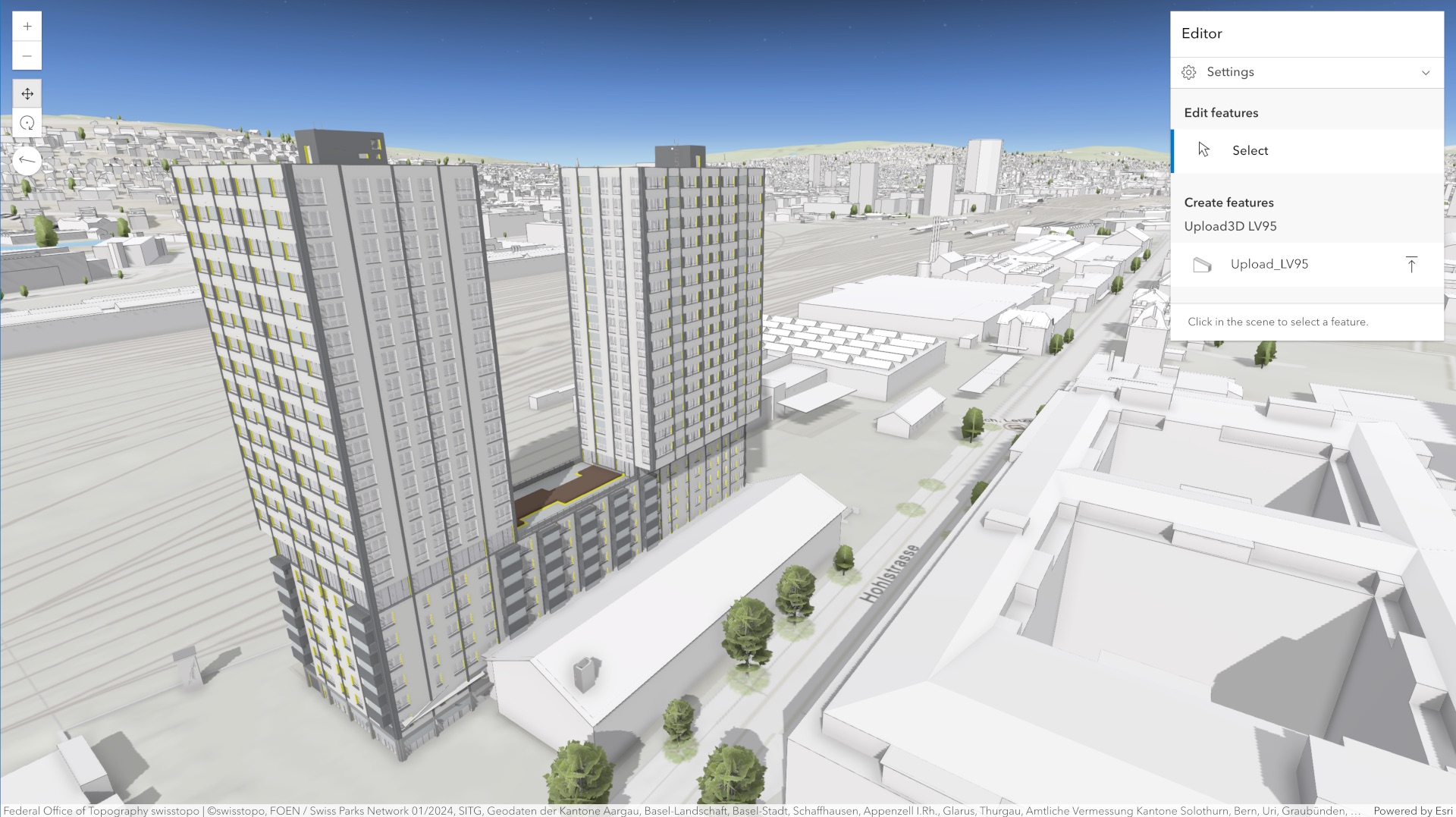 A detailed 3D model of a twin-tower building located in Zurich, Switzerland embedded in a web scene.