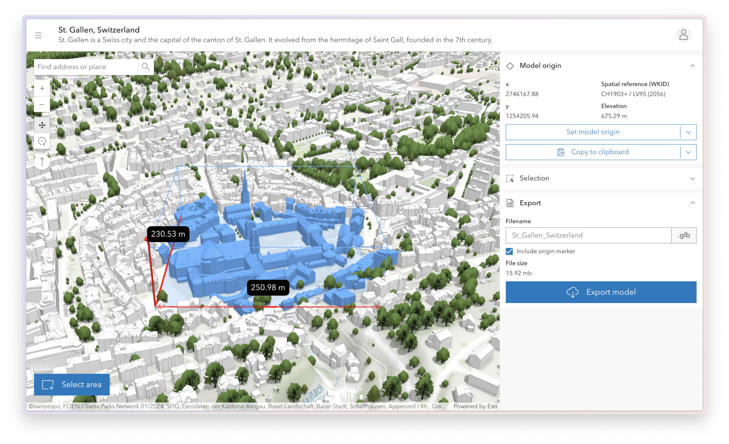 A town of St. Gallen in Switzerland is visualized in 3D, with some medieval buildings selected for export.