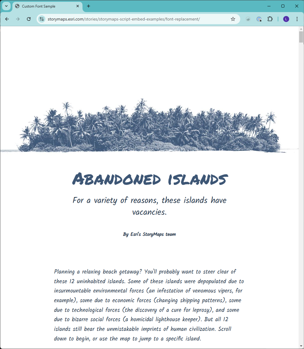 Abandoned Islands story page with alternative font