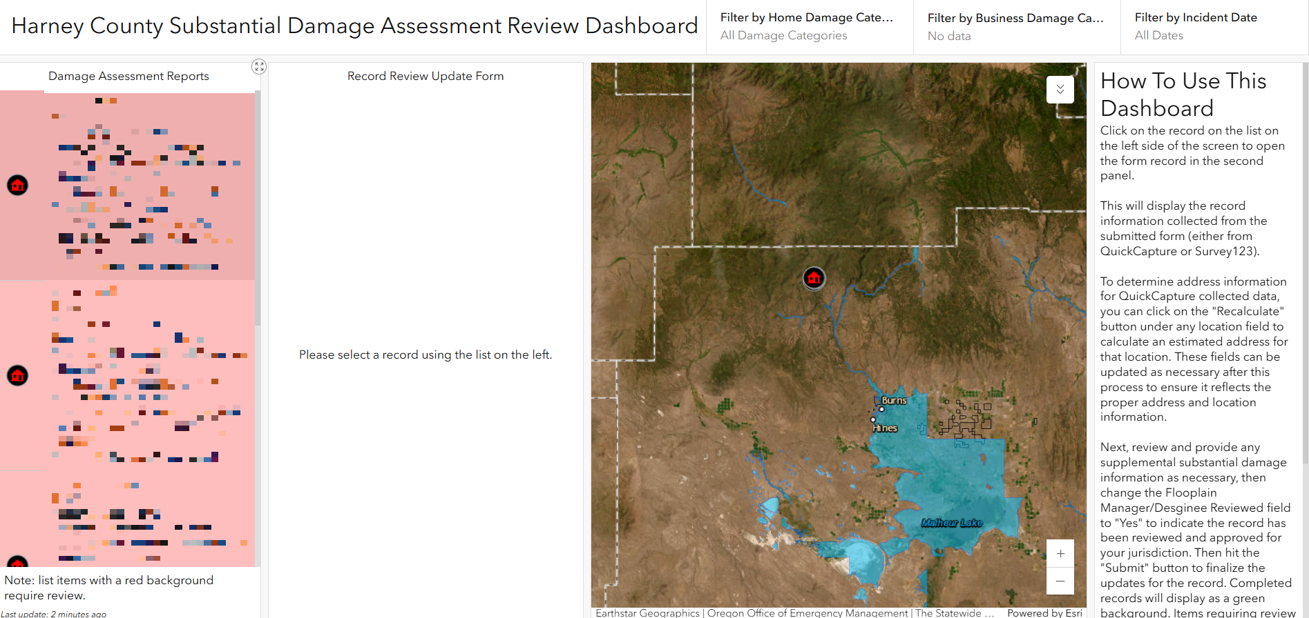 A damage assessment report with a flood plain layer applied.