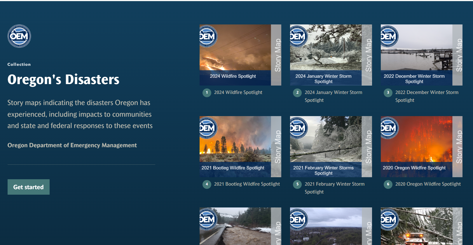 A screenshot of the Oregon Department of Emergency Management collection of disaster reports created with ArcGIS StoryMaps