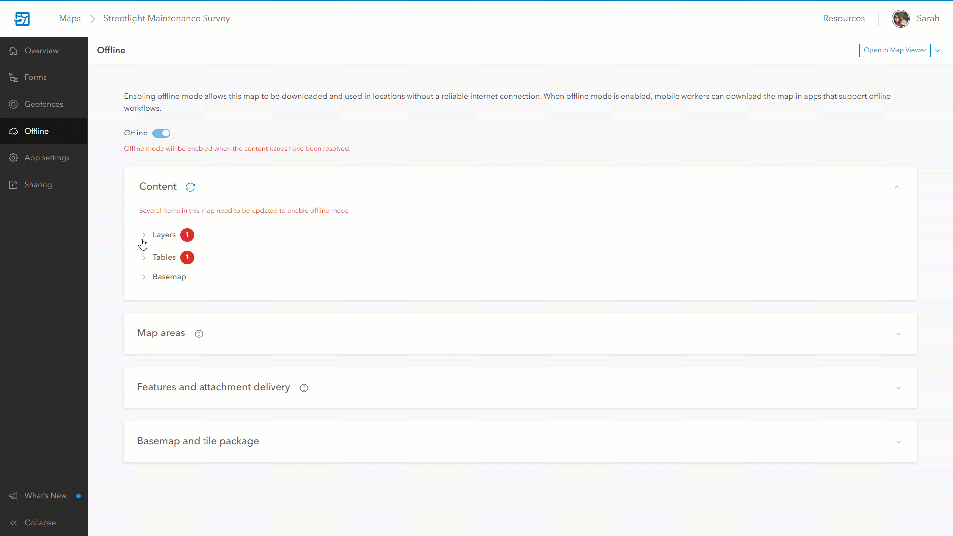 See offline validation messages and enable sync in Field Maps Designer