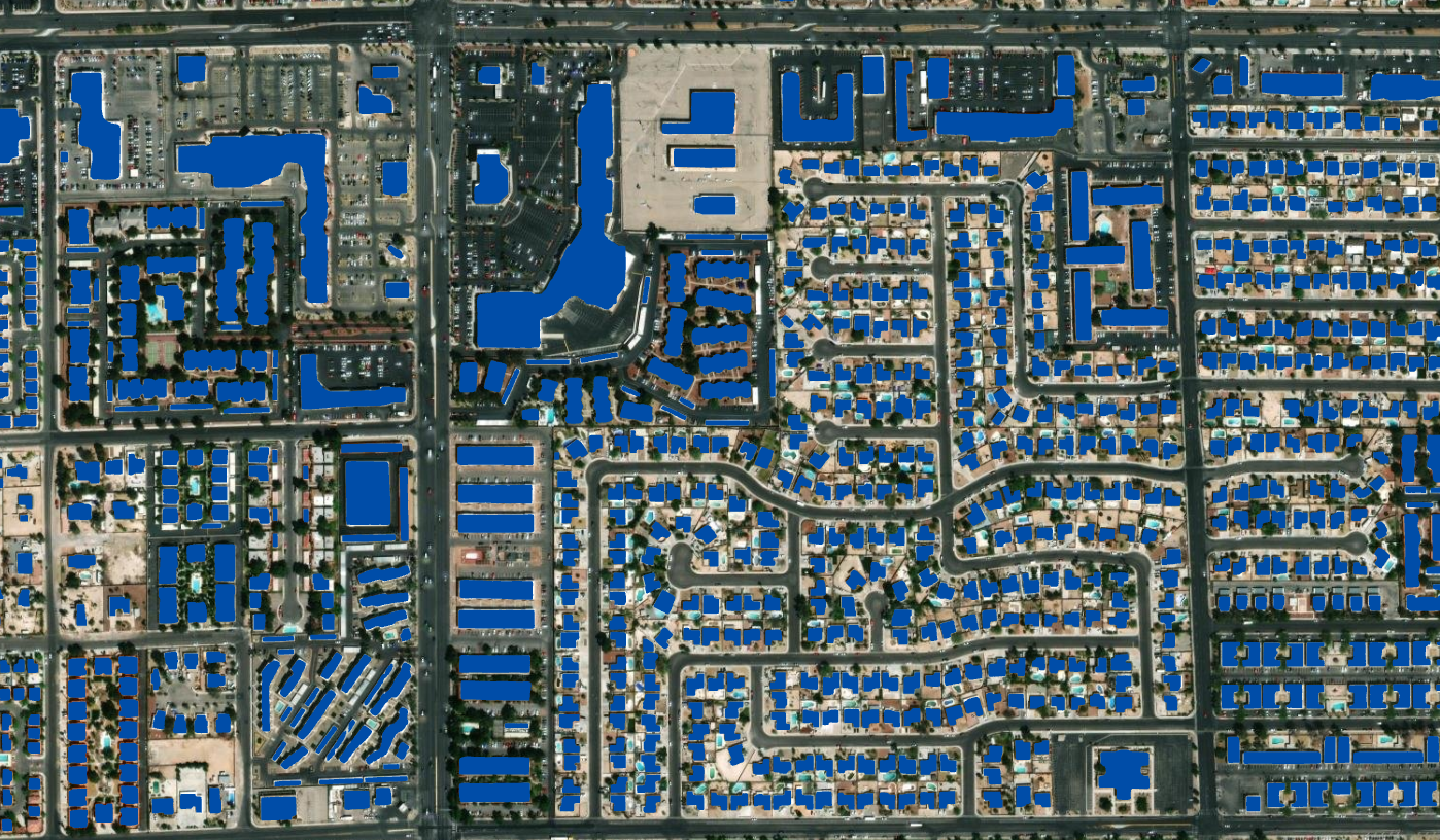 A satellite image of Las Vegas, Nevada with blue polygons covering the buildings. This is the result of the workflow described in this article.