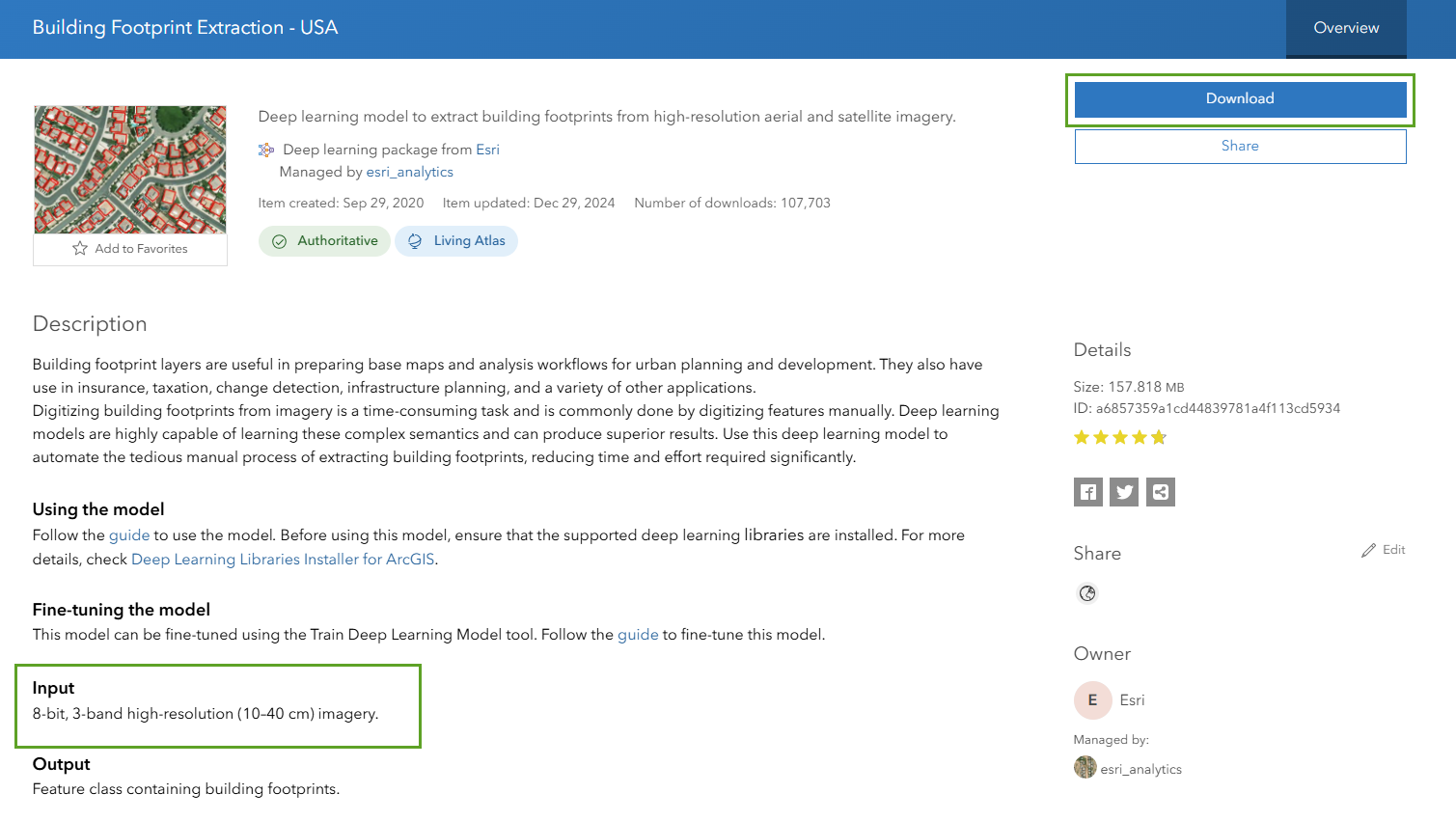 An example of an item page for a deep learning package found in the Living Atlas.