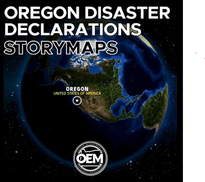 A globe with a location pin on Oregon with the words "Oregon Disaster Declarations StoryMaps