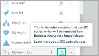 Saved variables using SIC codes will have a warning label.