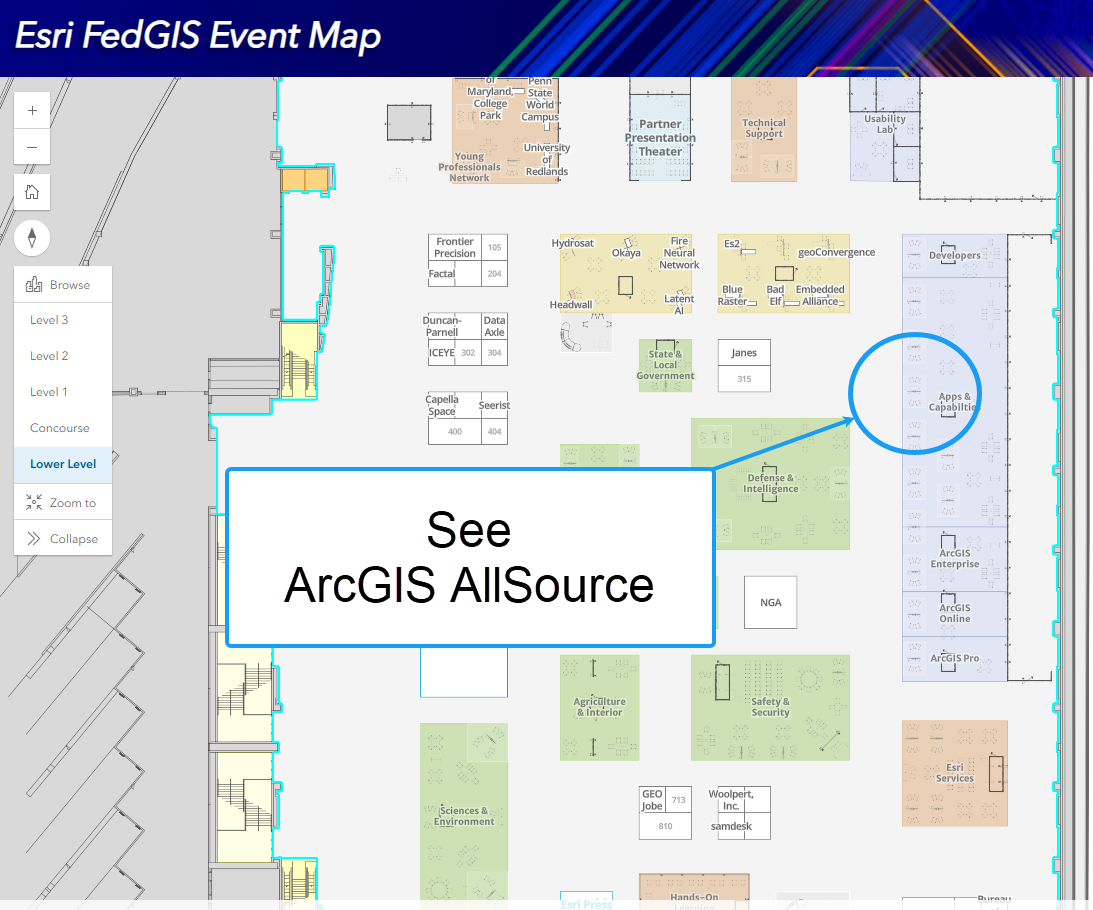 ArcGIS AllSource kiosk location at 2025 Esri Federal GIS Conference.