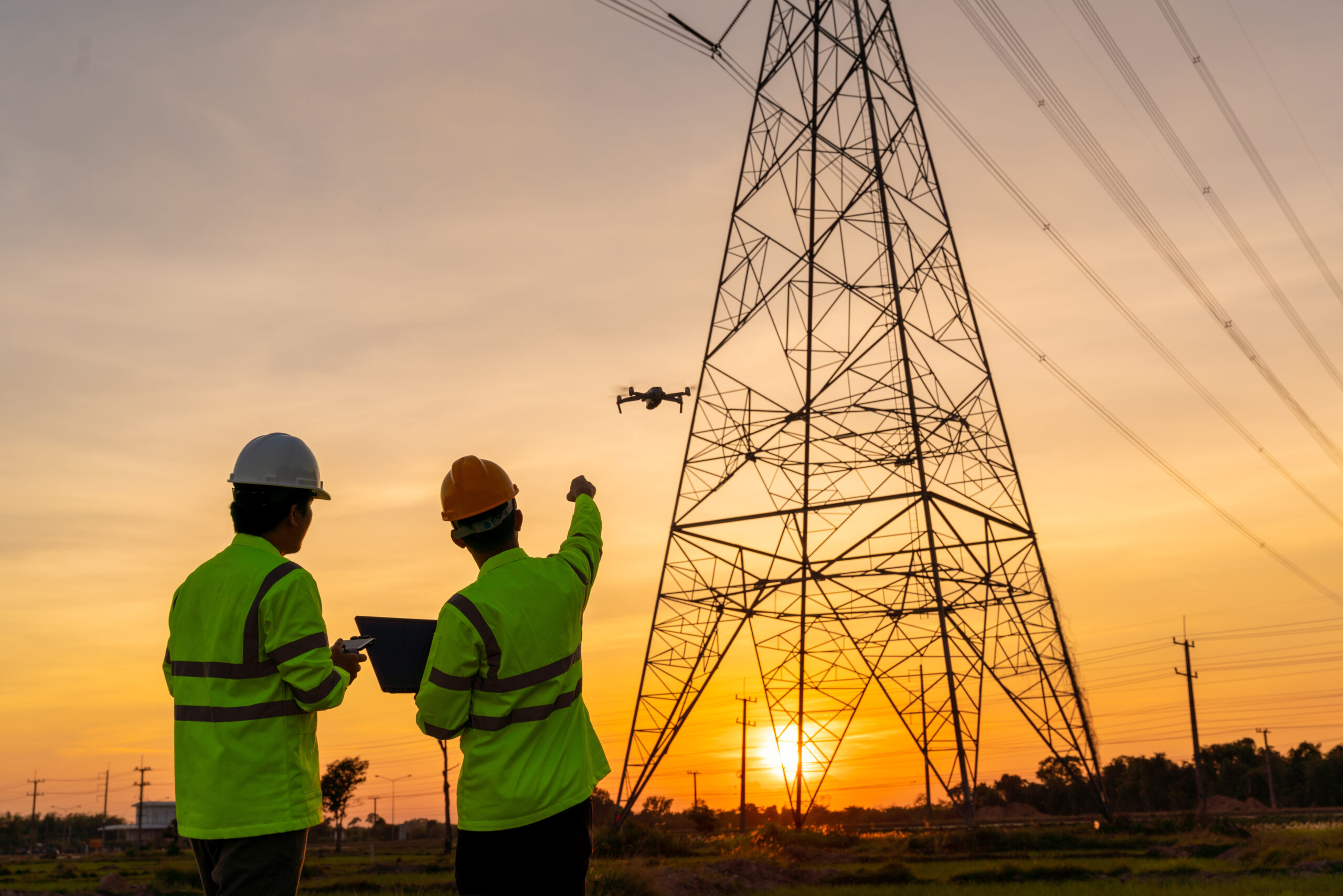 Two Drone Pilots watching their drone fly by a utility line