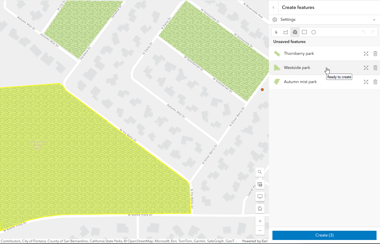 Image displays the create features panel in the editor panel, with a drawing toolbar available.