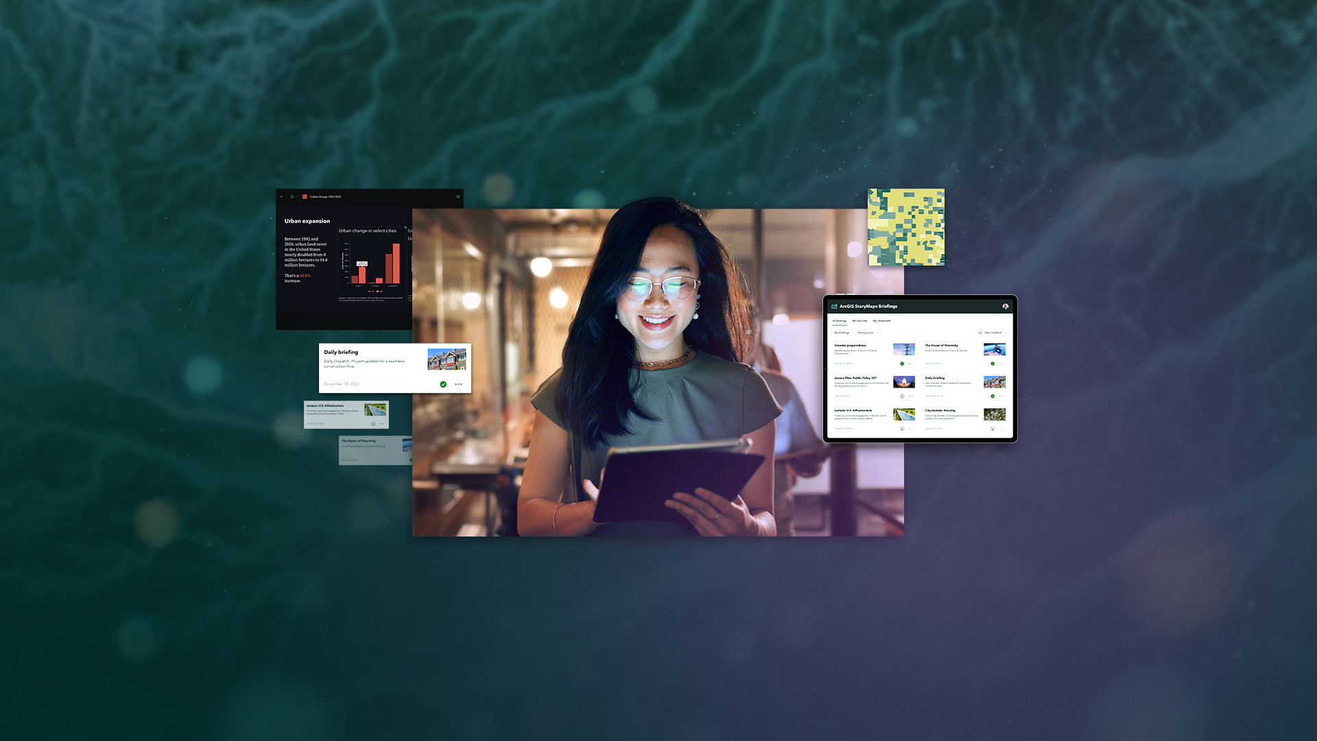 Graphics representing the Briefings App and a woman looking at a tablet.