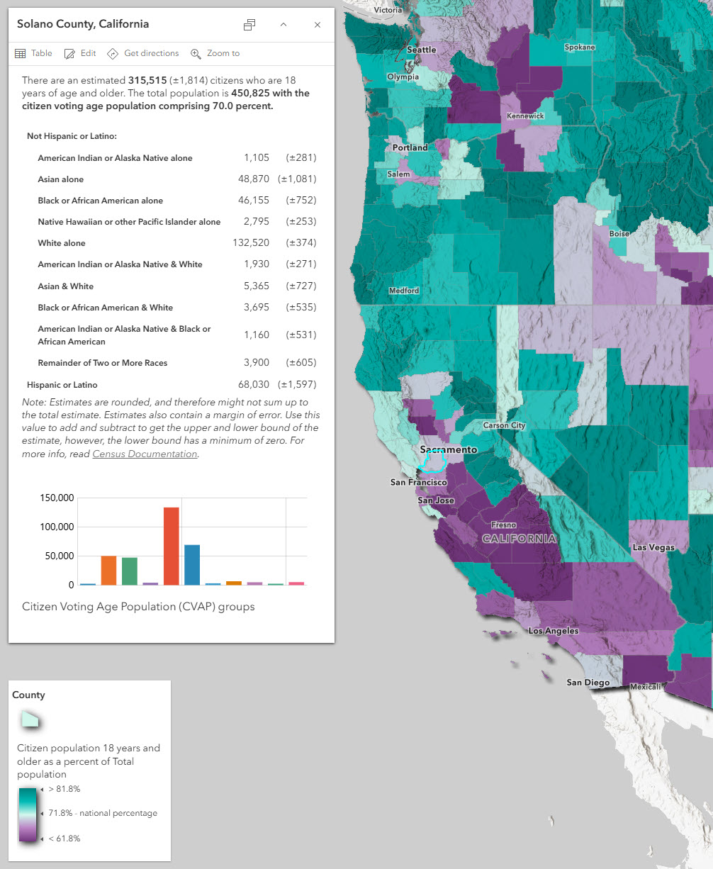 Solano County, CA is highlighted in the map, and the pop-up shows a table and chart of the Citizen Voting Age Population (CVAP) by race/ethnicity.
