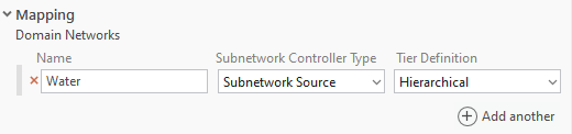 A screenshot showing the mappings for a water domain network. The name of the domain is set to water, the subnetwork controller type is Subnetwork Source, and the tier definition is hierarchical.