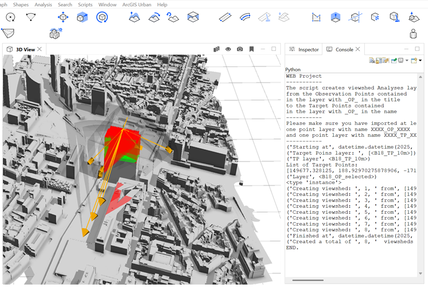 Fig #10: CityEngine Viewshed Python automation result of a single SUWT on the Finance Tower (example building)