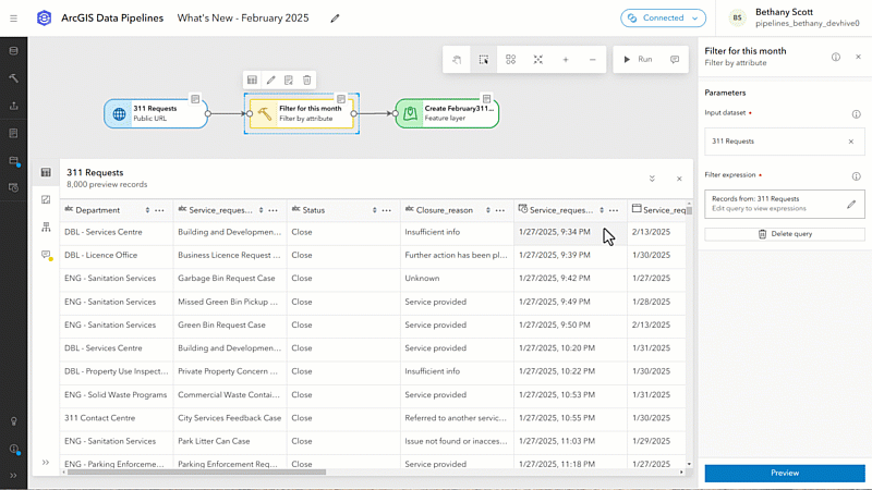 Dynamic date queries in the Filter by attribute tool in ArcGIS Data Pipelines.