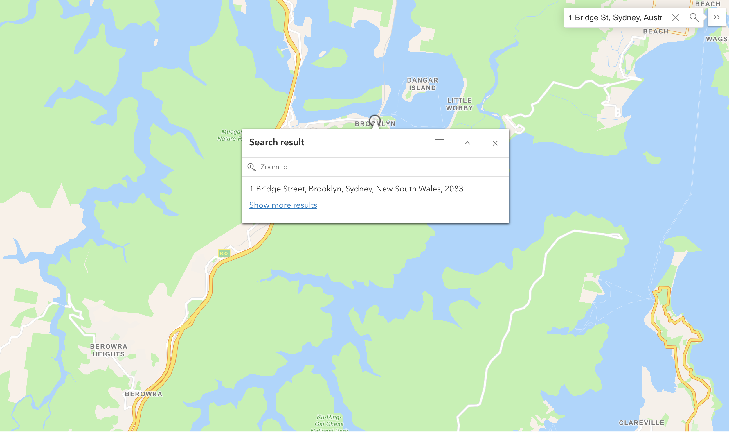 Image of a map with a search result as a pop-up