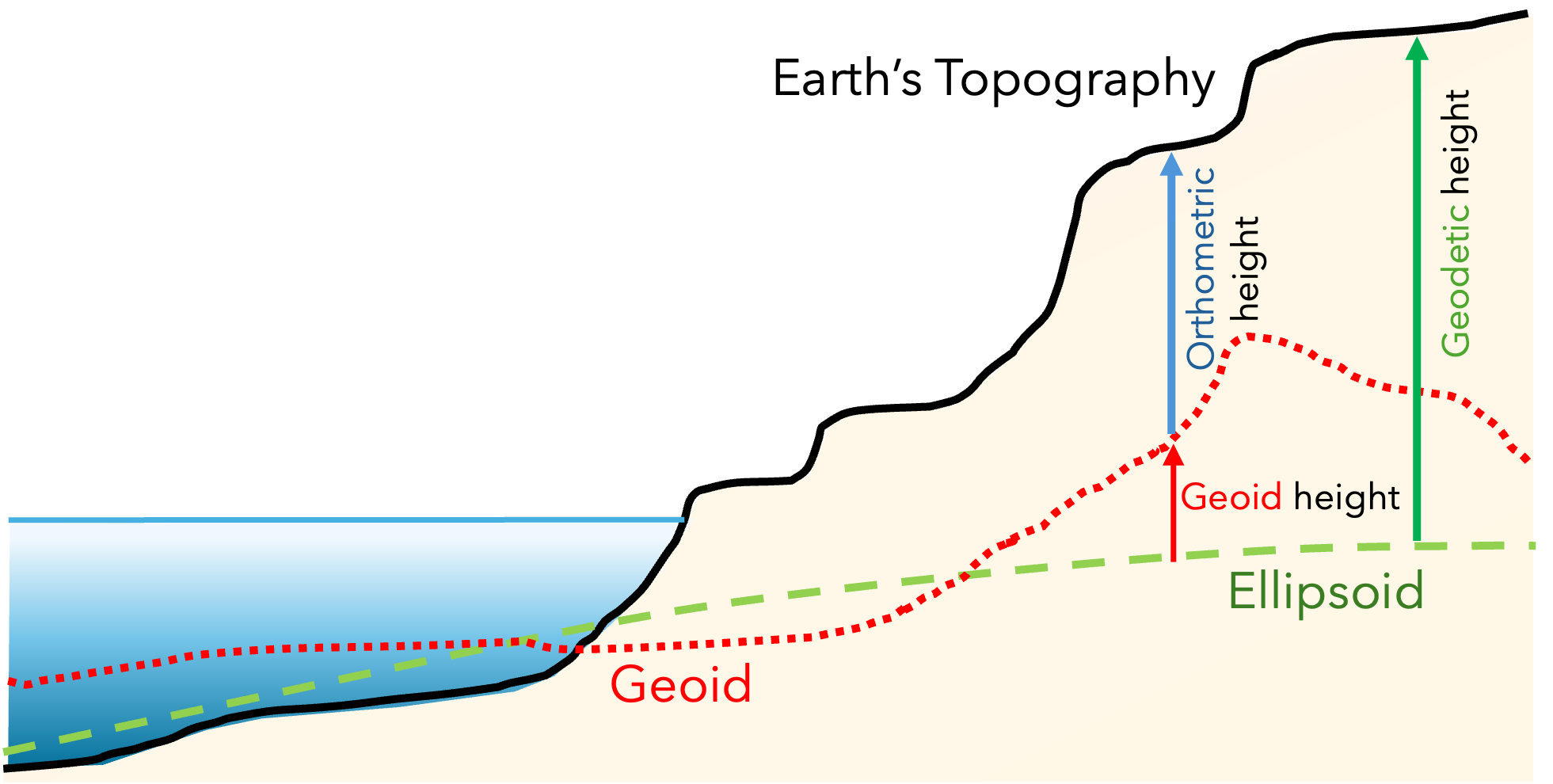 A cartoon cross section showing Earth's topography as thick black line, the geoid as a dashed red line, and the ellipsoid has a long dashed green line.