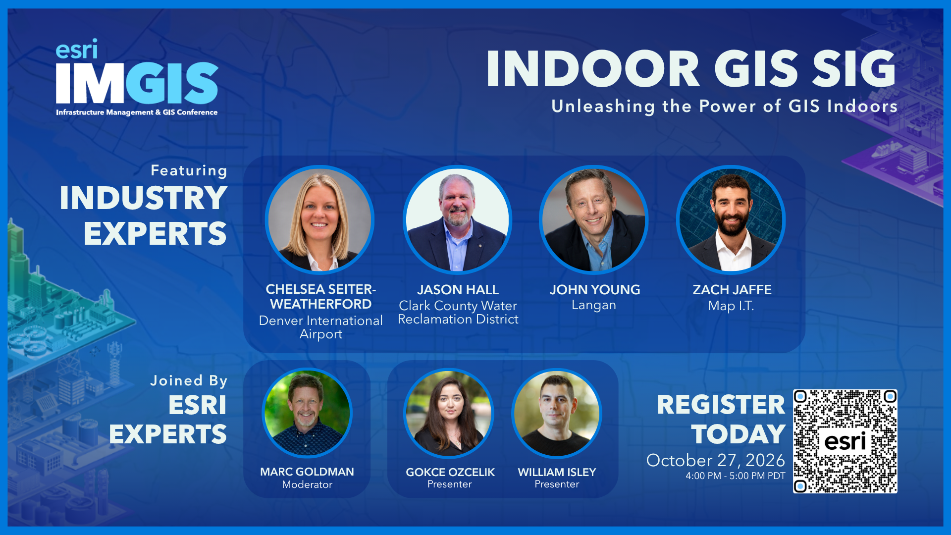 Lists the speakers that will be present at the IMGIS Indoor GIS SIG