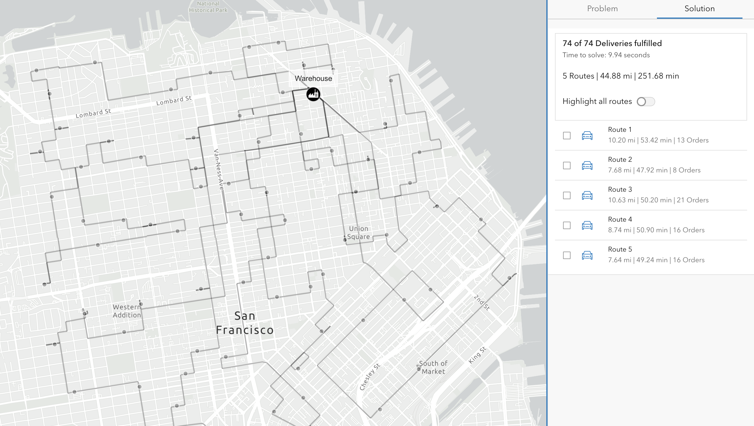 A grey map displaying deliveries fulfilled and routes