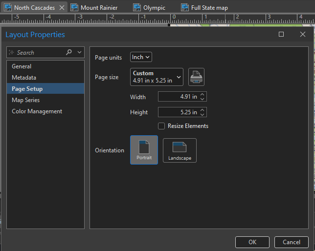 ArcGIS Pro layout properties pane showing the size settings for the North Cascades National Park map.