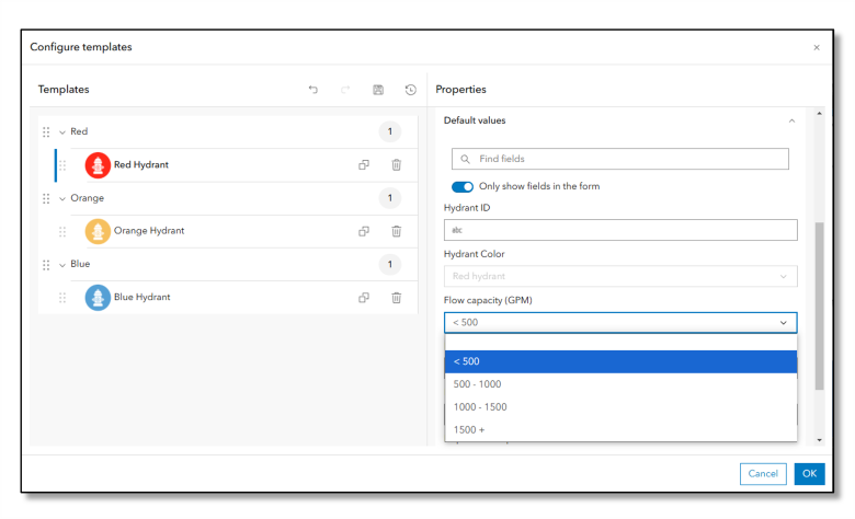 Set default values in the Configure templates window