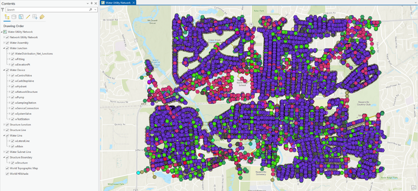 A screenshot of a map showing all the target classes and asset groups specified in the mapping section from earlier in the article. The map shows a large variety of symbols with different shapes and colors, representing the different classes and asset groups.
