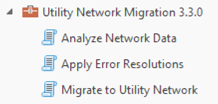 A screenshot of the Utility Network Migration 3.3.0 toolbox in ArcGIS Pro expanded to show the Analyze Network Data tool, Apply Error Resolutions tool, and Migrate to Utility Network tool.