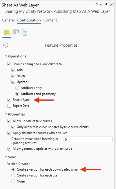 Screenshot of configuration settings in ArcGIS Pro to publish a syncable feature service