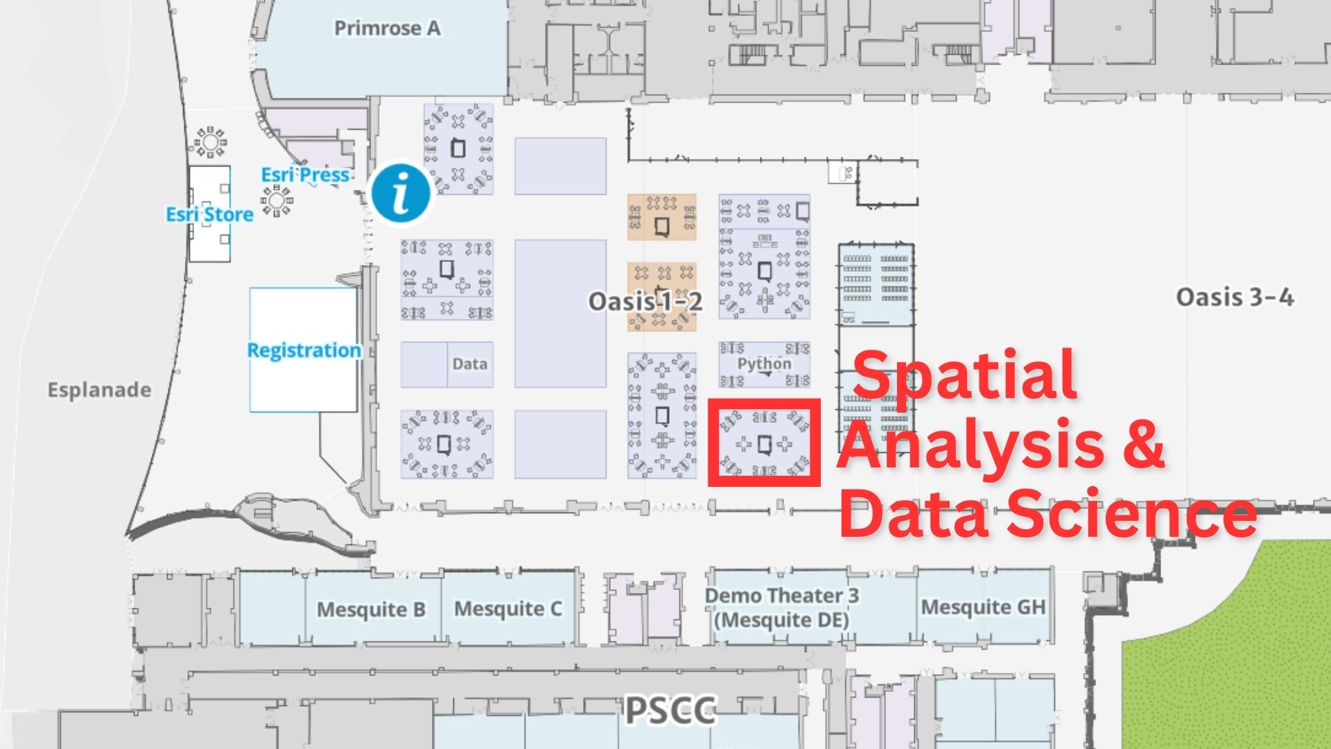 Map of the ArcGIS Showcase at DevTech Summit with the Spatial Analysis & Data Science area highlighted in red.