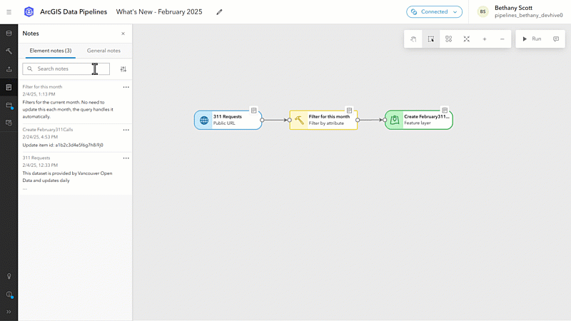 Sort and search notes in ArcGIS Data Pipelines.