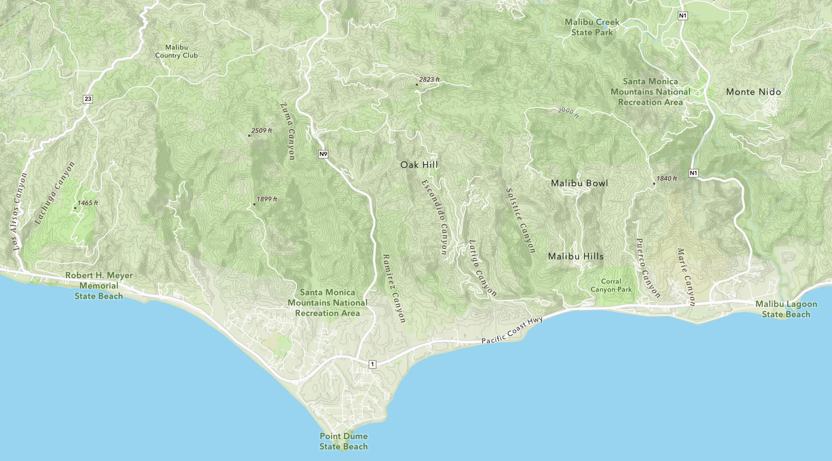 Image of a light green and beige map showing the sea and Point Dume Beach, California