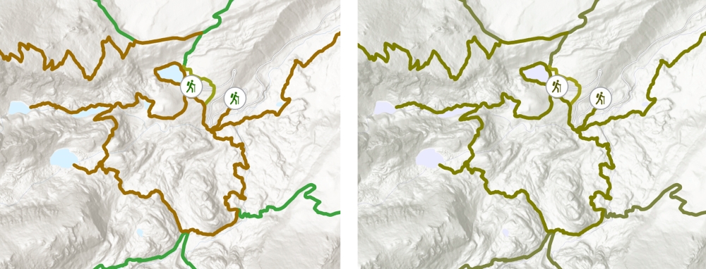 Two maps, on the left is what it looks like in color vision and on the right what the map look like to someone with color vision readability issues.