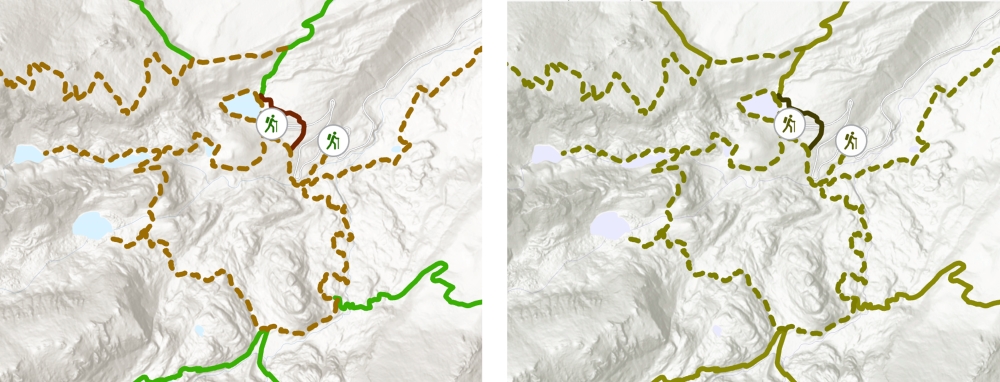 Two maps, on the left is what it looks like in color vision and on the right what the map look like to someone with color vision readability issues.