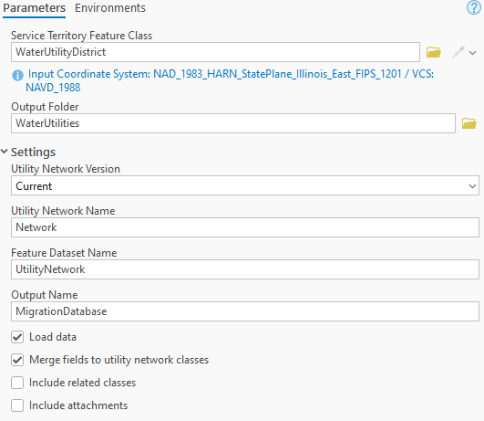 A screenshot of the Migrate to Utility Network tool populated with values for a water geometric network