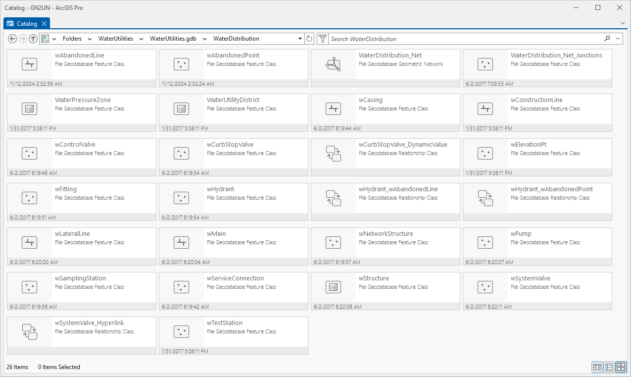A screenshot from ArcGIS Pro showing a series of feature classes that belong to a water geometric network.