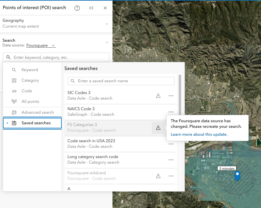 Saved POI searches using Foursquare data need to be updated