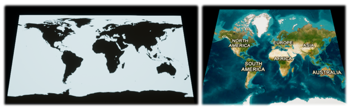 Figure 5. Representations of the Plate Carrée (left) and Web Mercator projections (right) using the ArcGIS Maps SDKs for Game Engines.