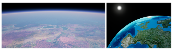 Figure 4. Representation of the Earth’s figure using the ArcGIS Maps SDKs for Game Engines, displaying a population density layer for the USA (left) and the ArcGIS Imagery basemap (right).