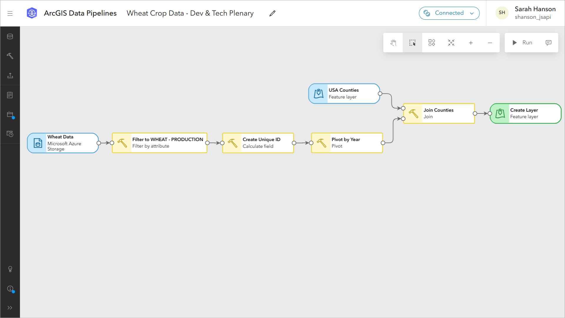 The complete data pipeline workflow in the ArcGIS Data Pipelines editor.
