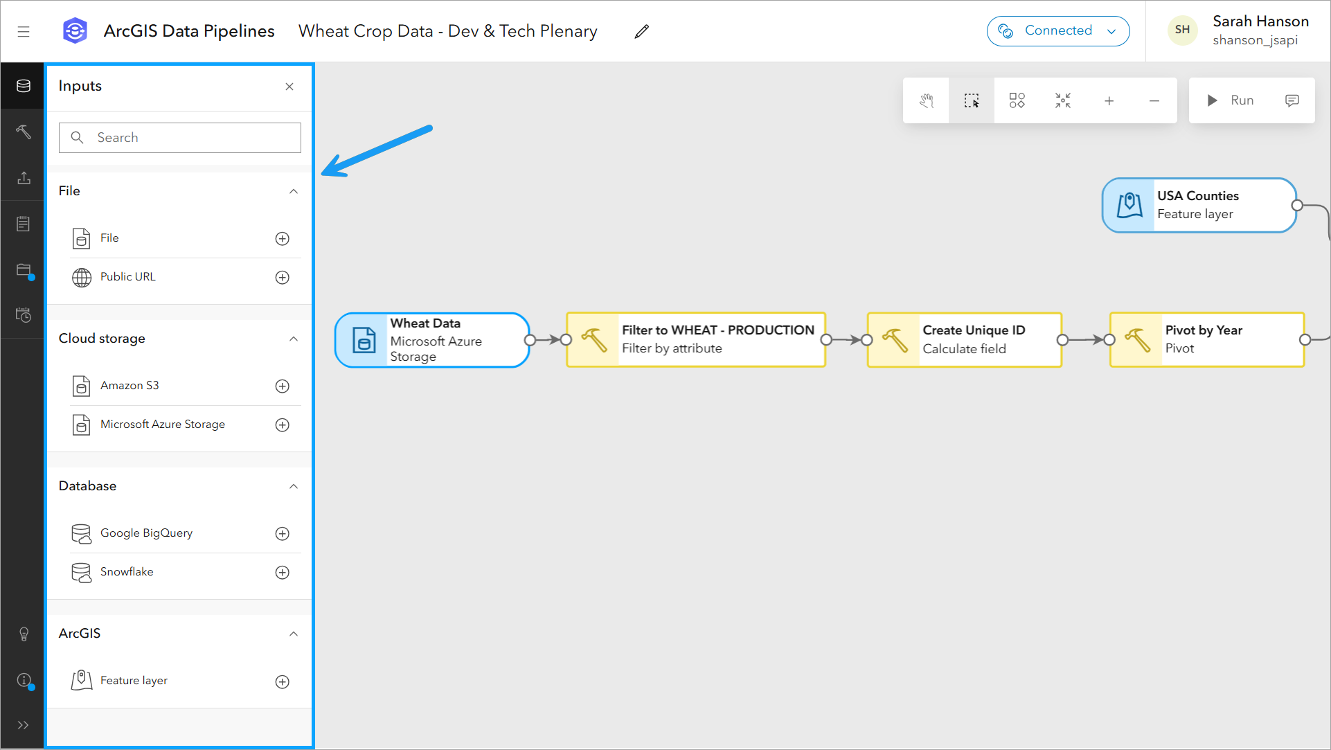 The input data sources available in ArcGIS Data Pipelines.