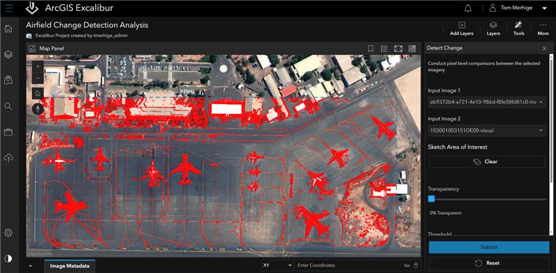 Detect Change tool identifying airfield changes between two images