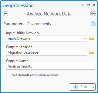 A screenshot of the Analyze Network Data tool configured to run against a utility network. It is configured to output the results to a folder called Migration Database and create output called Analysis Results. The Set default resolution actions option is not selected.