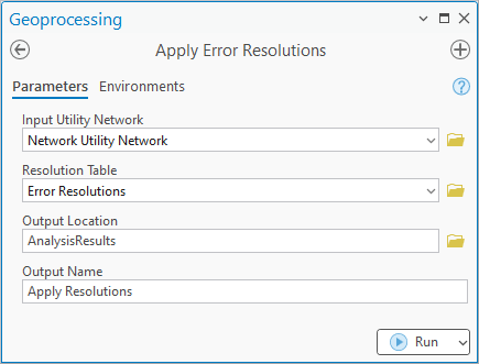 A screenshot of the Apply Error Resolutions tool. The input layer is set to a utility network layer called Network Utility Network. The resolution table is set to the Error Resolutions layer. The Output Location is set to a folder called Analysis Results. The output name is set to Apply Resolutions.