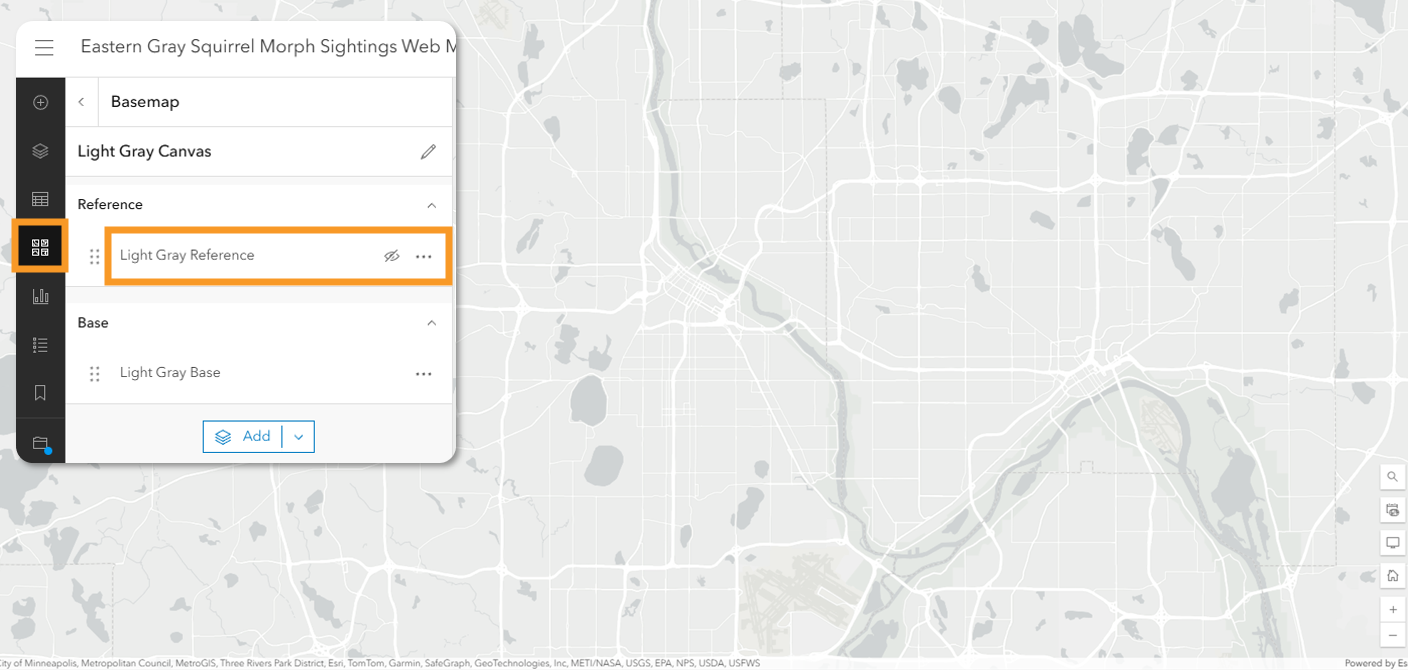 MapViewer basemap zoomed into the city of Minneapolis with the reference layer not displayed in the Light Gray Canvas basemap.