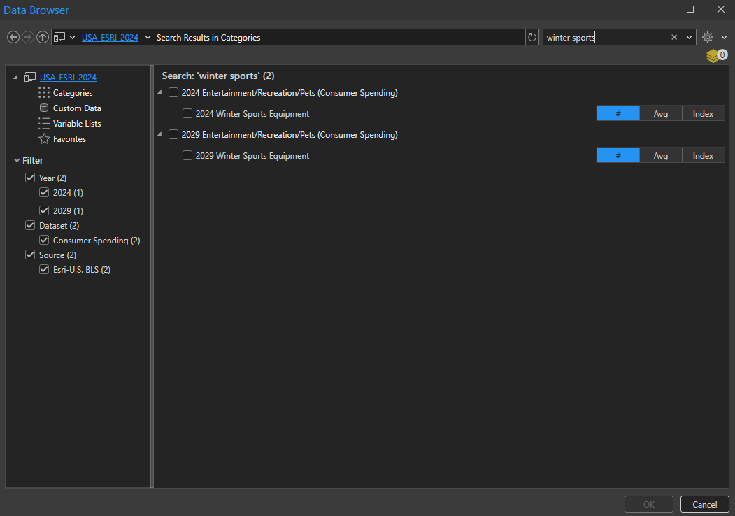 Screenshot of Business Analyst Pro data browser with semantic search disabled.