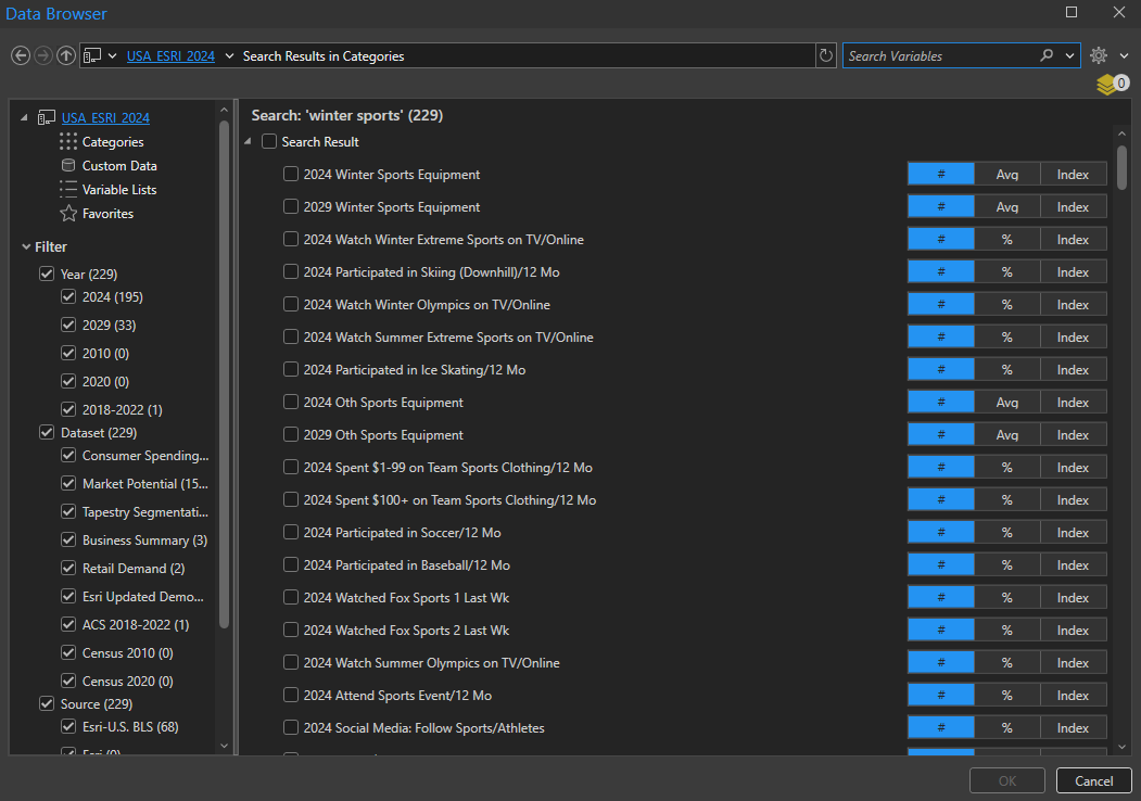 Screenshot of Business Analyst Pro data browser with semantic search enabled.