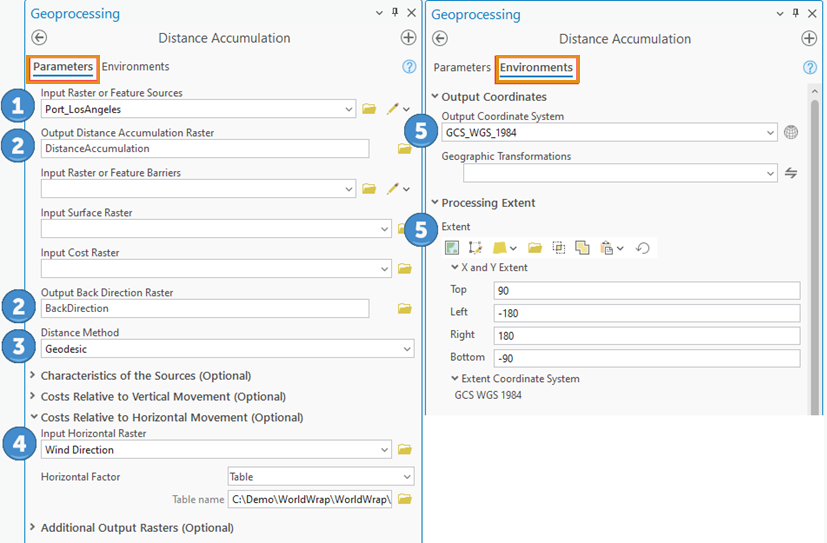 Distance Accumulation tool parameters and environments numbered with values set.