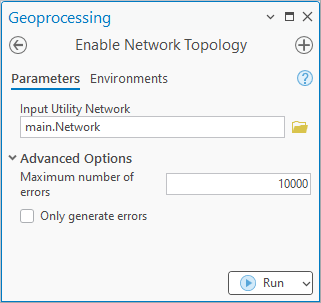 A screenshot of the Enable Network Topology tool. The Input utility network is set to a utility network called main network. The advanced options section is expanded to show the maximum number of errors parameter set to ten thousand and the only generate option is unchecked.